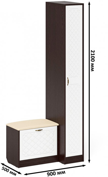 Прихожая П-6 Компоновка № 39, венге/фасады МДФ белое дерево фрезеровка ромб