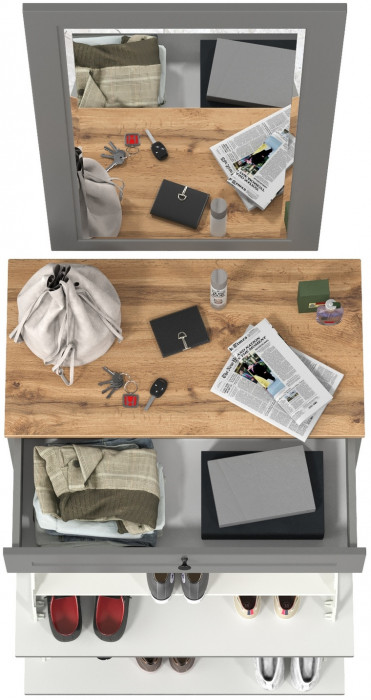 Остин 16.121 Тумба для обуви + 17.03 Зеркало, цвет серый графит/дуб крафт золотой, ШхГхВ 80х41,6х229 см.