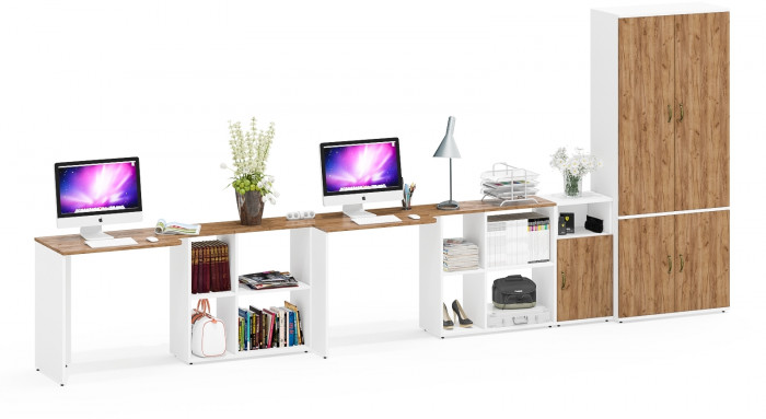 Лидер-8 Стол + Стол + Шкаф МД 20Б + Тумба МД 3.19, цвет белый шагрень/крафт золото, ШхГхВ 450х50/37,5х75/190 или 230х200/50х75/190 см., НЕ ун. сб.