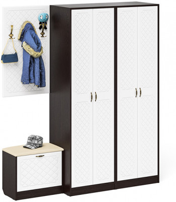 Прихожая П-6 Компоновка № 09, цвет венге/фасады МДФ белое дерево фрезеровка ромб, ШхГхВ 180х50х210 см., универсальная сборка