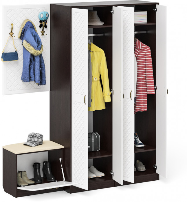 Прихожая П-6 Компоновка № 09, цвет венге/фасады МДФ белое дерево фрезеровка ромб, ШхГхВ 180х50х210 см., универсальная сборка