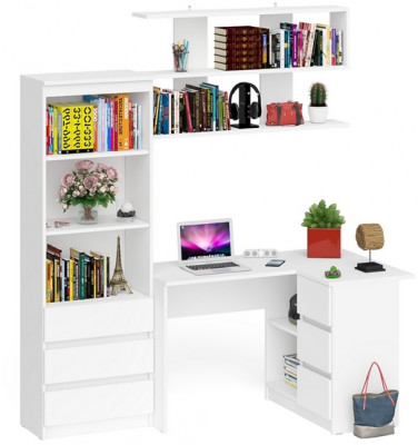 Мори компьютерный стол МС-16 правый + Стеллаж МСТ600.3 + Полка 1200, белый