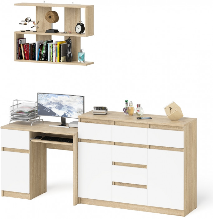 Мори Стол компьютерный МС-1 левый + Комод МК1200.4 + Полка 900, цвет дуб сонома/белый, ШхГхВ 210,4х50х209,6 см., НЕ универсальная сборка