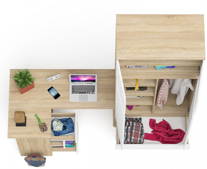 Мори Стол компьютерный МС-16 левый + Шкаф МШ900.1 + Антресоль МА900.1, цвет дуб сонома/белый, ШхГхВ 214,8х84,9х234,2 см., выд. ящ. слева, НЕ ун. сб.