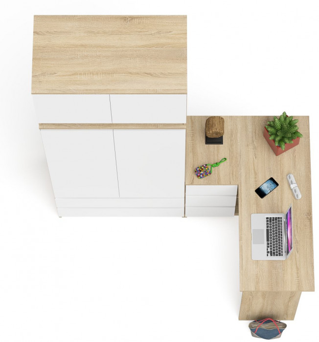 Мори Стол компьютерный МС-16 левый + Шкаф МШ900.1 + Антресоль МА900.1, цвет дуб сонома/белый, ШхГхВ 214,8х84,9х234,2 см., выд. ящ. слева, НЕ ун. сб.