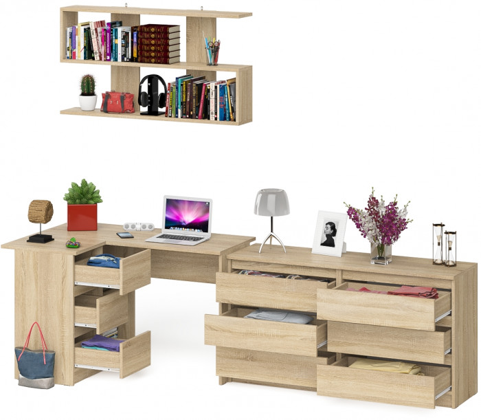 Мори компьютерный стол МС-16 левый + Комод МК1380.6 + Полка 1200, дуб сонома