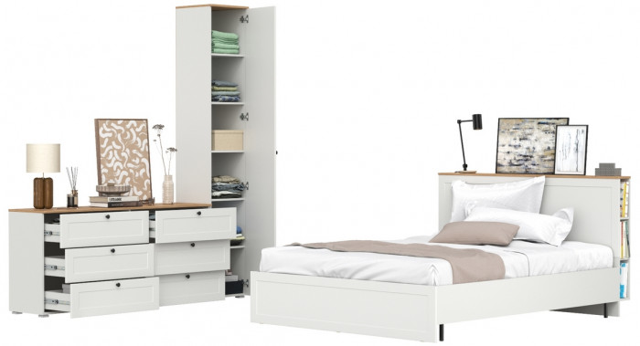 Остин 11.53 Кровать + ортопед + 13.227 Шкаф-пенал + 16.240 Комод, белый шагрень/дуб крафт золотой