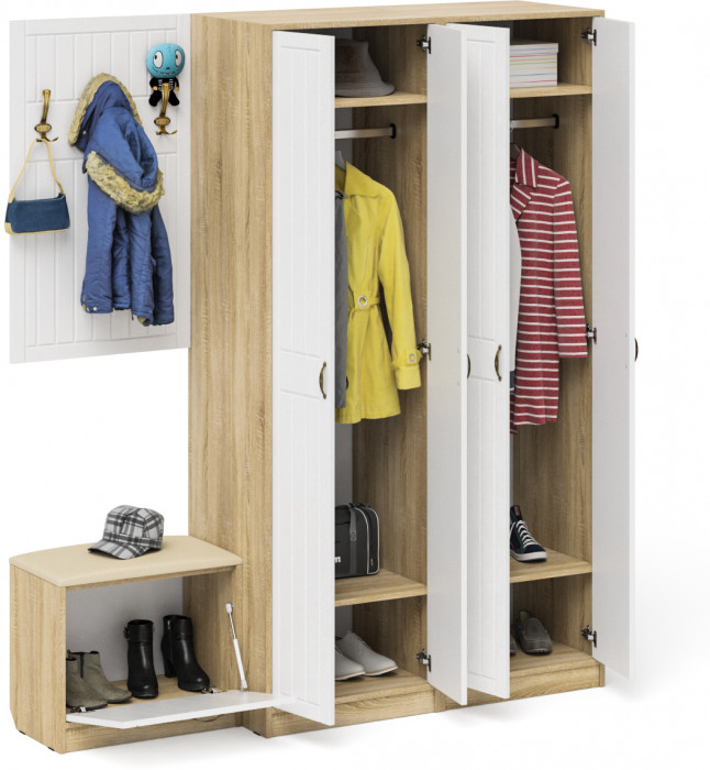 Прихожая П-6 Компоновка № 09, цвет дуб сонома/фасады МДФ белое дерево фрезеровка прованс, ШхГхВ 180х50х210 см., универсальная сборка