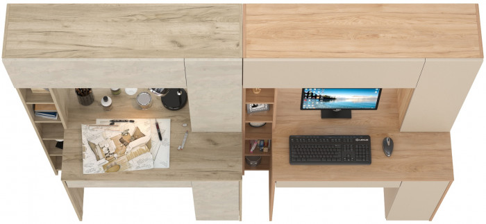 КР100 Два стола компьютерных Комфорт 12.71, цвет дуб крафт серый/шёлковый камень/гикори рокфорд натуральный/сатин, 233,4х60,2х165,4 см., НЕ ун. сб.