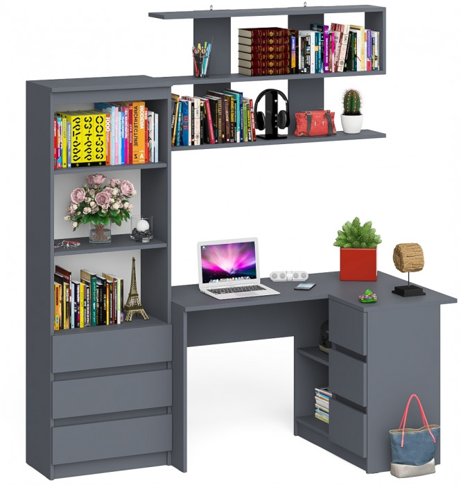 Мори компьютерный стол МС-16 правый + Стеллаж МСТ600.3 + Полка 1200, графит