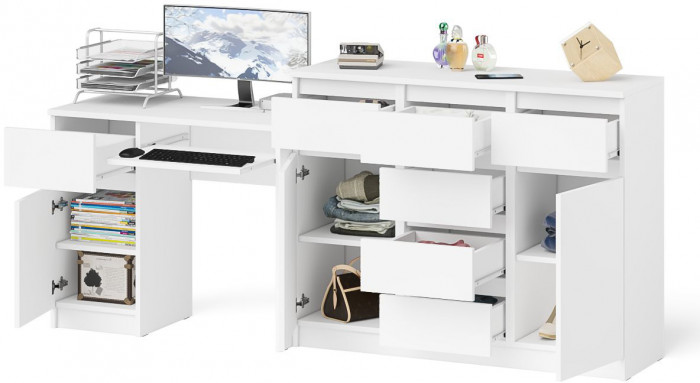 Мори Стол компьютерный МС-1 левый + Комод МК1200.4, цвет белый, ШхГхВ 210,4х50х94 см., выдвижной ящик слева, НЕ универсальная сборка