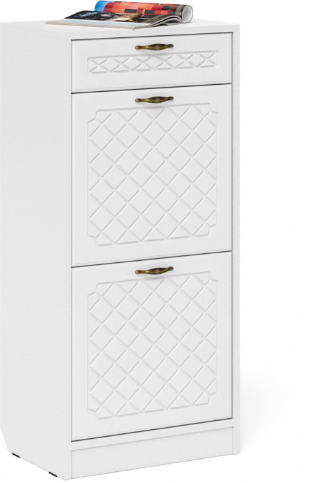 Прихожая П-6 Тумба для обуви 2 секции, белая шагрень/фасады МДФ белое дерево фрезеровка ромб