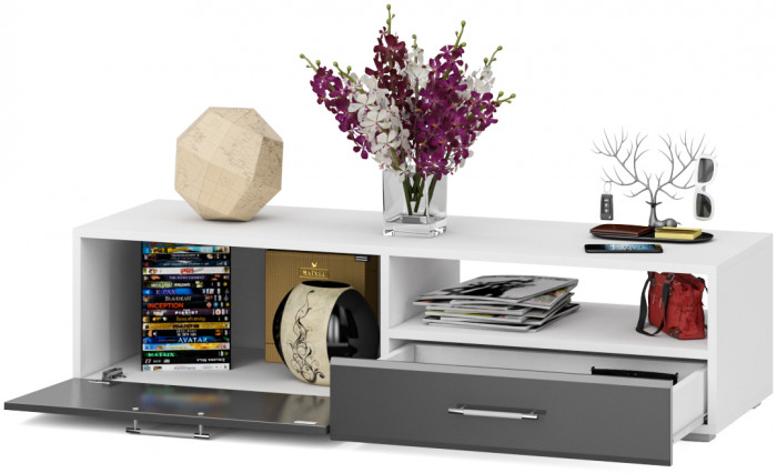 Тумба под ТВ Ларго 1, корпус белый/фасады МДФ графитово-серый глянец