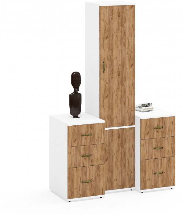 Лидер-8 Пенал МД 22Б + Тумба МД 3.16 + Тумба МД 3.16, цвет белый шагрень/крафт золото, ШхГхВ 120х50х190 см., универсальная сборка