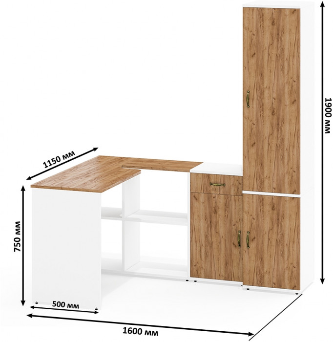 Лидер-8 Стол + Тумба МД 3.15 + Пенал МД 21Б, цвет белый шагрень/крафт золото, ШхГхВ 245х50/37,5х75/190 или 115х160/50х75/190 см., НЕ ун. сборка