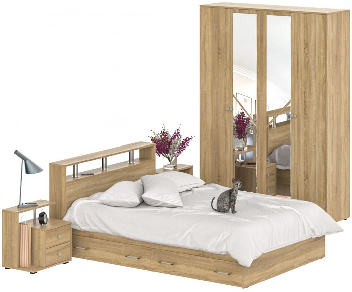 Камелия спальня № 8 Кровать с ящиками 1400 + Две тумбы + Шкаф 4-х створчатый, цвет дуб сонома, сп.м. 1400х2000 мм., б/м, основание есть