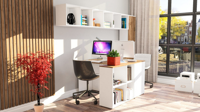 Лидер-8 Стол + Полка + Стол + Полка + Пенал + Тумба МД 3.15, цвет белый шагрень/крафт золото, 410х50/30х75/190 или 230х50/160х75/190 см., НЕ ун. сб.