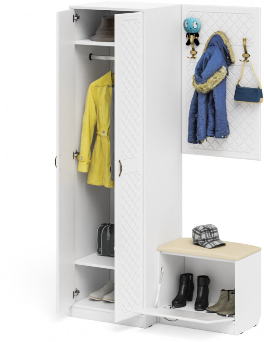 Прихожая П-6 Компоновка № 12, белая шагрень/фасады МДФ белое дерево фрезеровка ромб