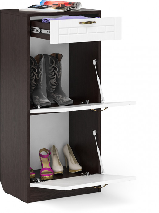 Прихожая П-6 Тумба для обуви 2 секции, венге/фасады МДФ белое дерево фрезеровка прованс