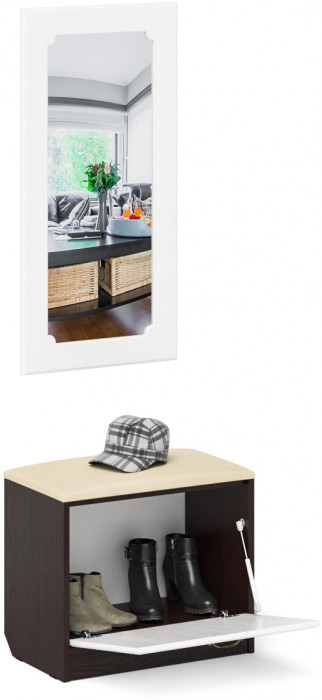Прихожая П-6 Тумба + Зеркало, цвет венге/фасады МДФ белое дерево фрезеровка ромб, ШхГхВ 60х35х200 см.