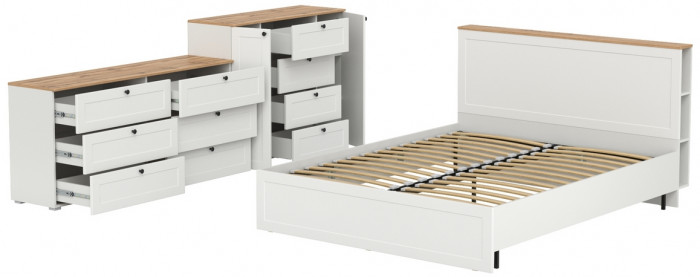 Остин 11.53 Кровать + ортопед + 16.240 Комод + 16.221 Комод, белый шагрень/дуб крафт золотой