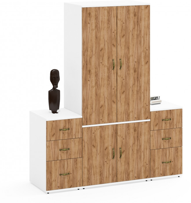 Лидер-8 Шкаф МД 19Б + Тумба МД 3.16 + Тумба МД 3.16, цвет белый шагрень/крафт золото, ШхГхВ 160х50х190 см., универсальная сборка