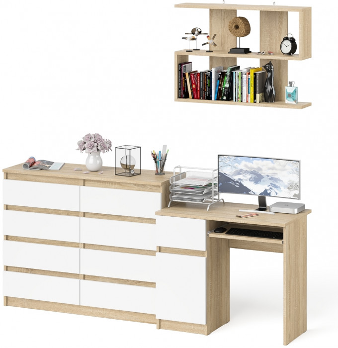Мори компьютерный стол МС-1 левый + Комод МК1200.8 + Полка 900, дуб сонома/белый