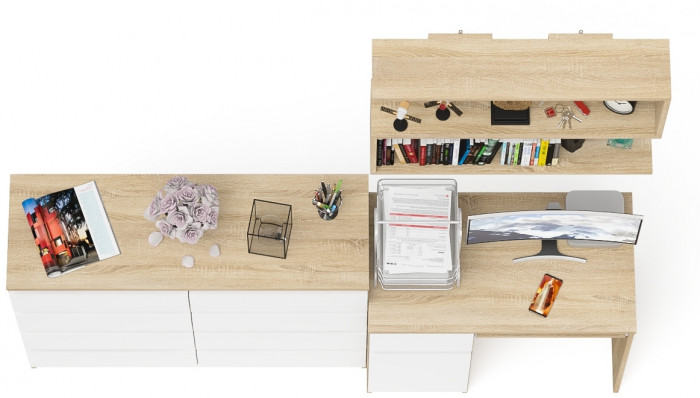 Мори компьютерный стол МС-1 левый + Комод МК1200.8 + Полка 900, дуб сонома/белый