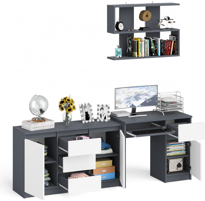 Мори Стол компьютерный МС-1 правый + Комод МК1200.3 + Полка 900, цвет графит/белый, ШхГхВ 210,4х50х209,6 см., НЕ универсальная сборка