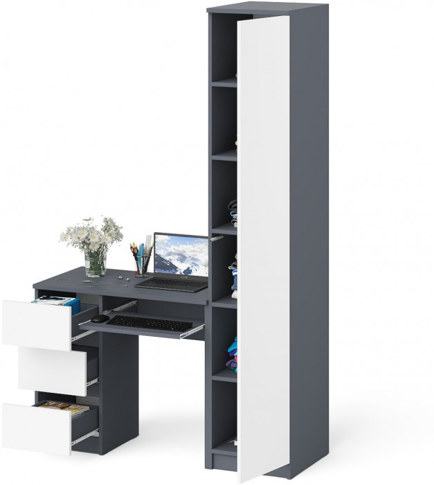 Мори Стол компьютерный МС-6 левый + Пенал МШ400.1, цвет графит/белый, ШхГхВ 130,4х50,4х209,6 см., выдвижные ящики слева, НЕ универсальная сборка