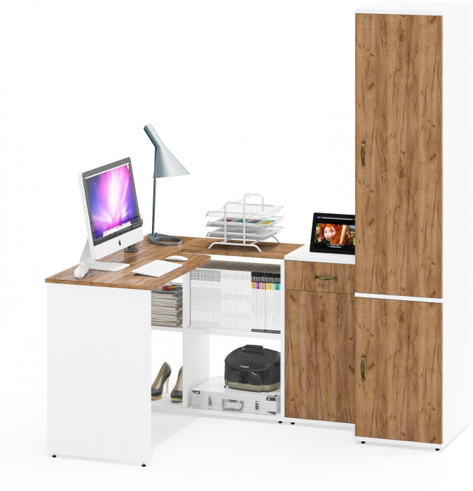 Лидер-8 Стол + Тумба МД 3.15 + Пенал МД 23Б, цвет белый шагрень/крафт золото, ШхГхВ 245х50/37,5х75/190 или 115х160/50х75/190 см., НЕ ун. сборка