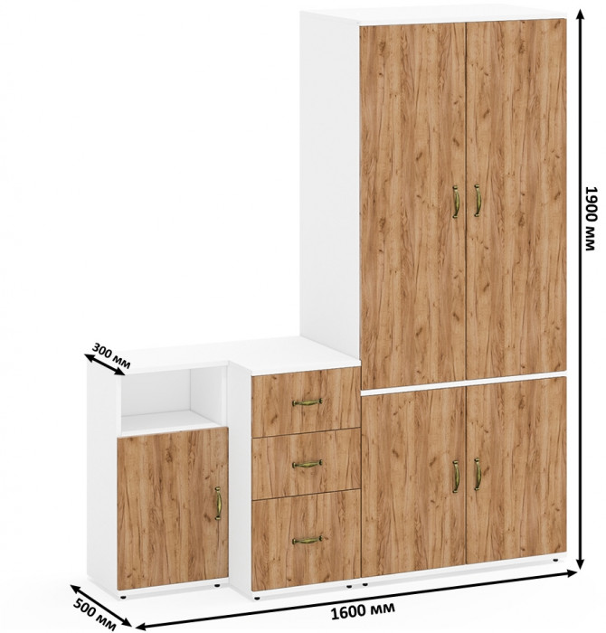 Лидер-8 Шкаф МД 19Б + Тумба МД 3.16 + Тумба МД 3.19, цвет белый шагрень/крафт золото, ШхГхВ 160х50х190 см., универсальная сборка