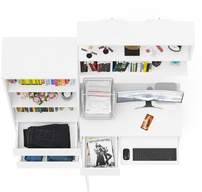 Мори Стол компьютерный МС-1 левый + Стеллаж МСТ600.3 + Полка 900, цвет белый, ШхГхВ 150,4х50х209,6 см., НЕ универсальная сборка