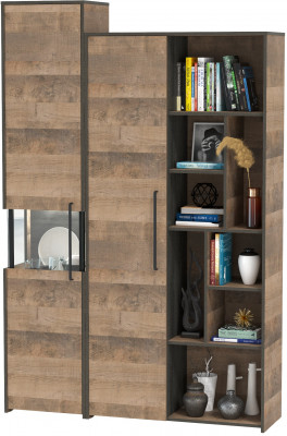 Трувор 13.205 Шкаф-пенал с витриной + 13.206 Шкаф-стеллаж, цвет дуб гранж песочный/интра, ШхГхВ 137,8х37х210 см., универсальная сборка