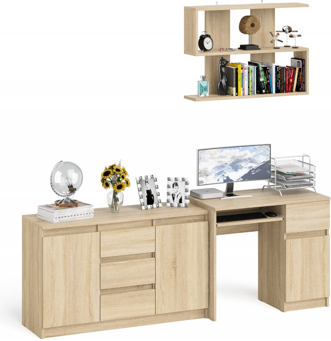 Мори Стол компьютерный МС-1 правый + Комод МК1200.3 + Полка 900, цвет дуб сонома, ШхГхВ 210,4х50х209,6 см., НЕ универсальная сборка