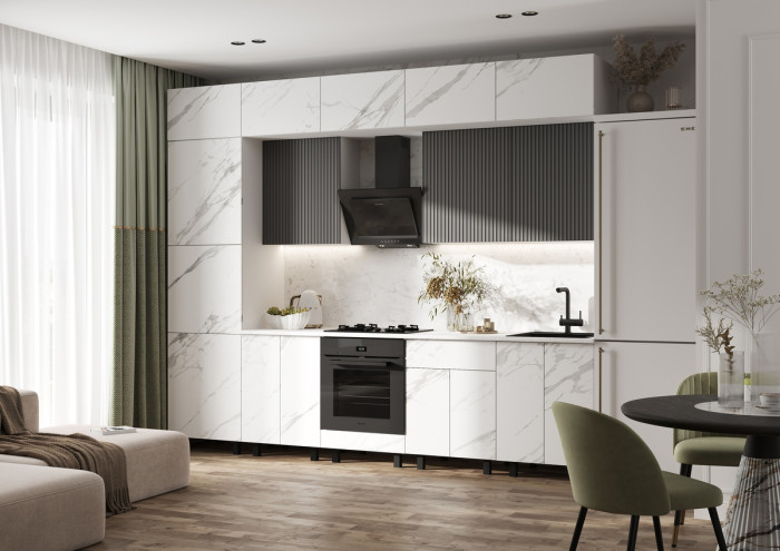 Кухня Оливия NEW 3,0/1080м Компоновка №2, Белый/Мрамор белый софт, Графит софт