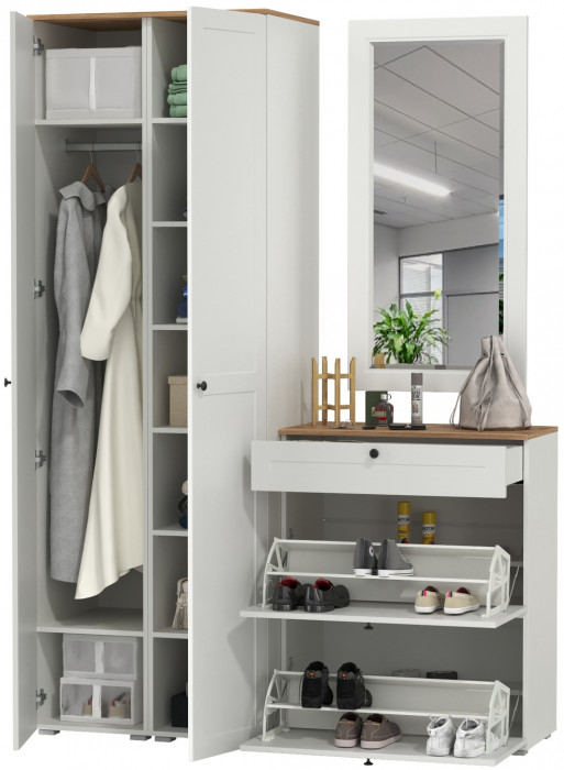 Остин Прихожая 34, цвет белый шагрень/дуб крафт золотой, ШхГхВ 160х54,3х229,6 см., универсальная сборка