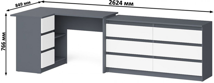Мори компьютерный стол МС-16 левый + Комод МК1380.6, графит/белый