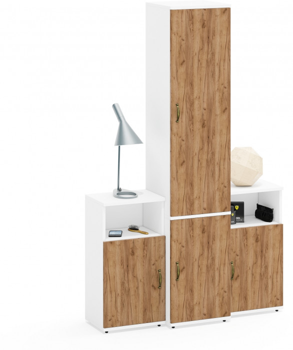 Лидер-8 Пенал МД 22Б + Тумба МД 3.19 + Тумба МД 3.19, цвет белый шагрень/крафт золото, ШхГхВ 120х37,5х190 см., универсальная сборка