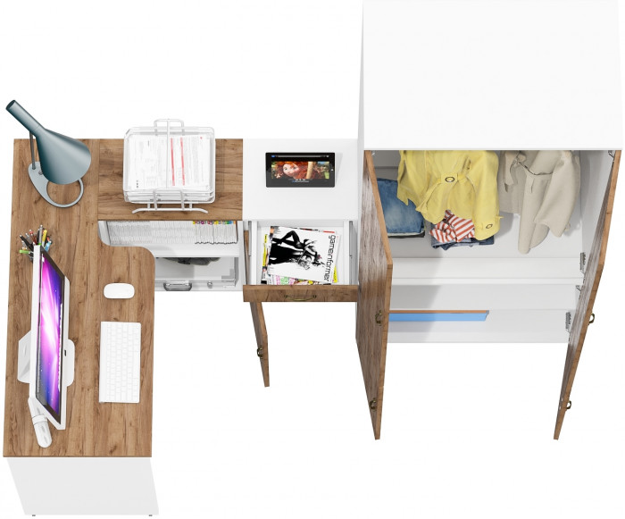 Лидер-8 Стол + Тумба МД 3.15 + Шкаф МД 19Б, цвет белый шагрень/крафт золото, ШхГхВ 285х50/50х75/190 или 115х200/50х75/190 см., НЕ ун. сборка