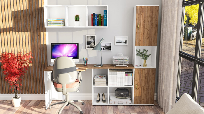 Лидер-8 Стол + Полка + Пенал, цвет белый шагрень/крафт золото, ШхГхВ 205х50/30х75/190 или 115х50/120х75/190 см., НЕ универсальная сборка