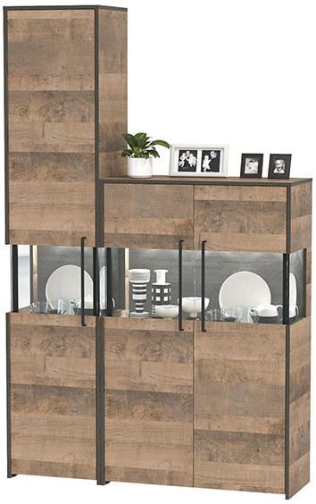 Трувор 13.205 Шкаф-пенал с витриной + 13.306 Комод с витриной, цвет дуб гранж песочный/интра, ШхГхВ 130,6х37х210 см., универсальная сборка