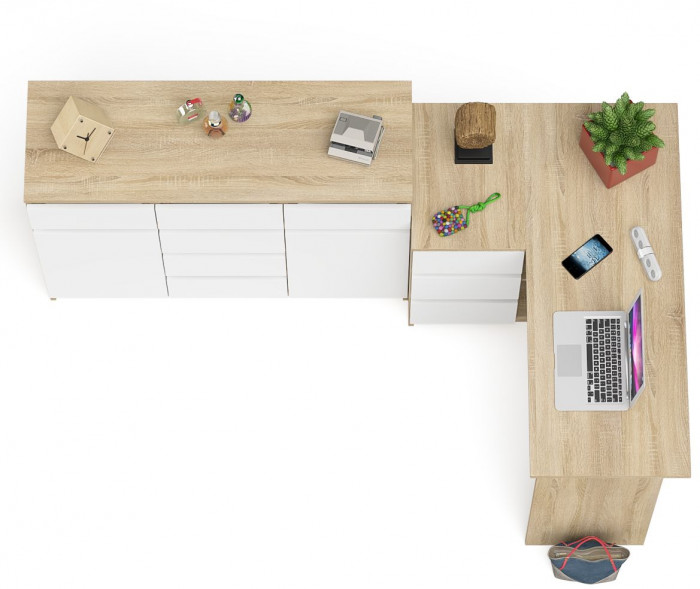 Мори Стол компьютерный МС-16 левый + Комод МК1200.4, цвет дуб сонома/белый, ШхГхВ 244,8х84,9х94 см., выдвижные ящики слев, НЕ универсальная сборкаа