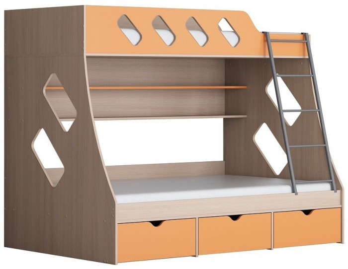 Дельта-20.01 Детская двухъярусная кровать с лестницей (Оранжевый, Дуб Сонома)