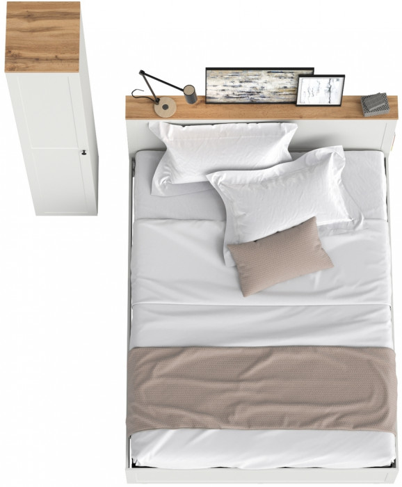 Остин 11.53 Кровать + ортопед + 13.227 Шкаф-пенал, белый шагрень/дуб крафт золотой