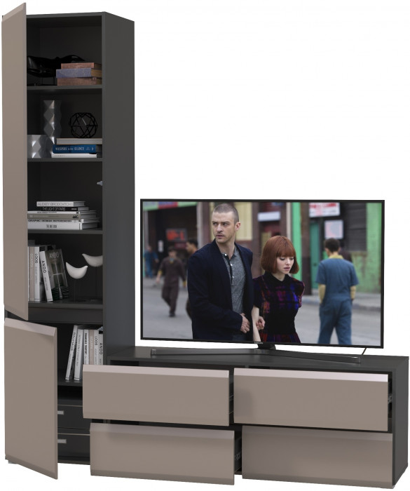 Сидней Комплектация № 005, цвет корпус: антрацит/фасады: МДФ веллюто капучино, ШхГхВ 179,9х41,3х205,2 см., ниша для ТВ 129х41х100 см., универс. сборка