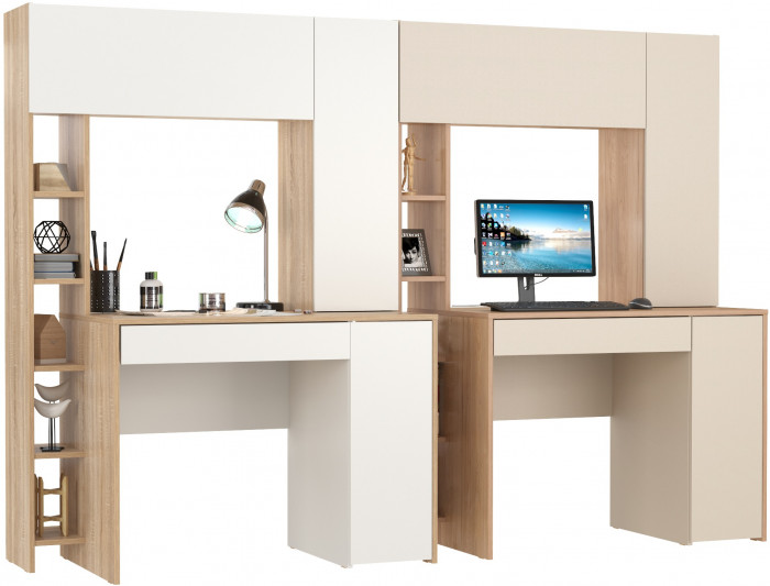 КР100 Два стола компьютерных Комфорт 12.71, цвет дуб сонома/белый/гикори рокфорд натуральный/сатин, ШхГхВ 233,4х60,2х165,4 см., НЕ универс. сборка