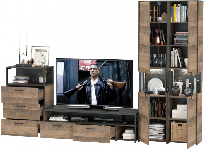 Трувор Гостиная 038, цвет дуб гранж песочный/интра, ШхГхВ 305,4х45,4х210 см., универсальная сборка