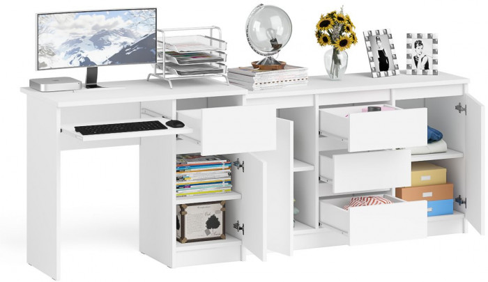 Мори Стол компьютерный МС-1 правый + Комод МК1200.3, цвет белый, ШхГхВ 210,4х50х76,6 см., выдвижной ящик справа, НЕ универсальная сборка