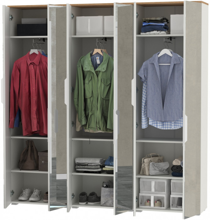 Октава 13.338 Шкаф для одежды + 13.338 Шкаф + 13.338, цвет белый шагрень/дуб крафт золотой/фасады МДФ белый шагрень/зеркало, ШхГхВ 193,2х35,3х197,6 см